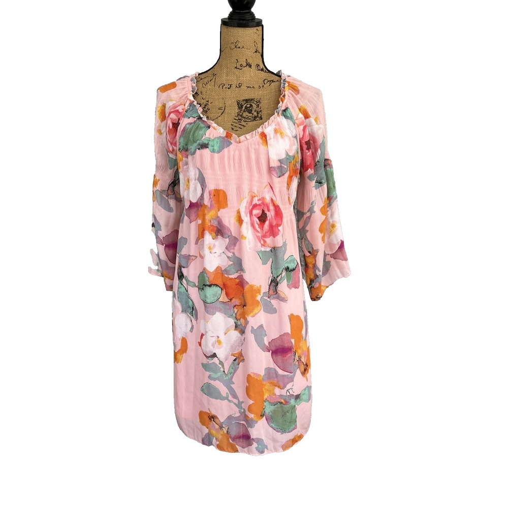 Spense 12 Petite Dress Floral Print Sheer Sleeves‎ Lined Watercolor Pastel Pink